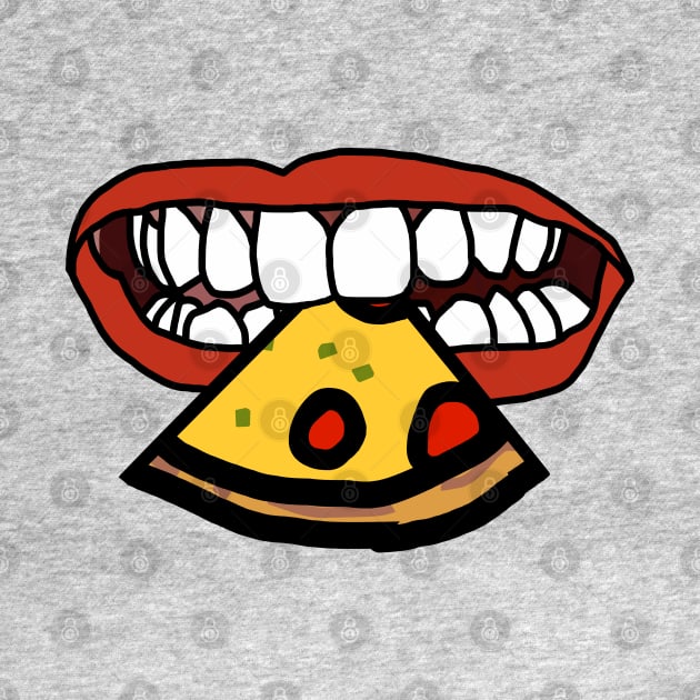 Mouth With Red Lips and White Teeth Eating Pizza Slice by ellenhenryart